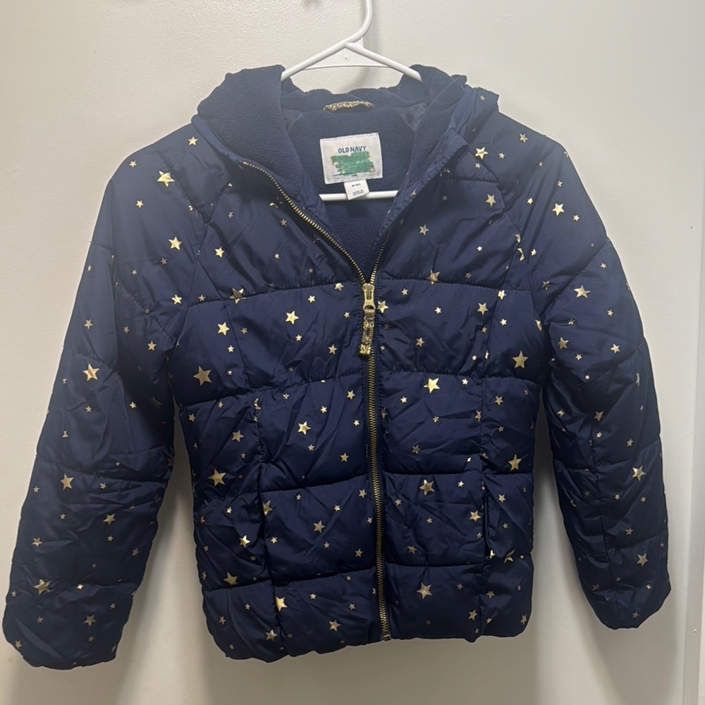 Old Navy Blue and Gold Puffer Jacket with Star Print